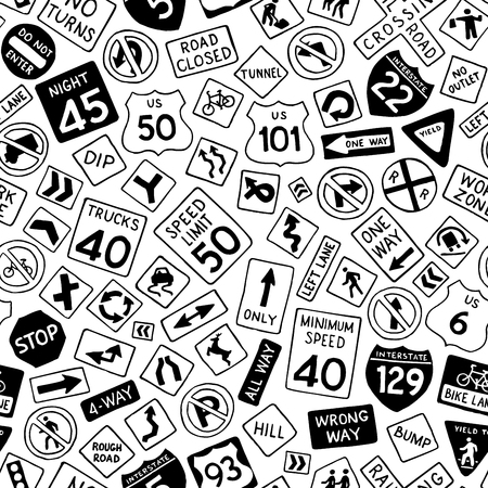 Seamless pattern of cartoon road signs in the United States. Vector hand-drawn traffic signs background. Boundless texture can be used for web page backgrounds, wallpapers, wrapping papers, invitation, congratulations and children designs.のイラスト素材