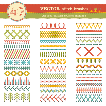 Vector set of seamless stitch brushes. Sewing patterns, seams, borders, page decorations and dividers isolated on white background. All used pattern brushes included.のイラスト素材