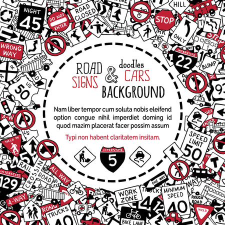 Vector background of doodles traffic signs and cars. Hand-drawn children background. Black, red and white colours. There is copy space for text in the center.のイラスト素材