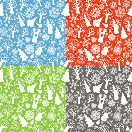 Seamless winter trees patterns. White deciduous trees, firs and snowflake silhouettes on blue, red, green and brown backgrounds.  Boundless texture can be used for web page backgrounds, wallpapers, wrapping papers, invitation and congratulations.のイラスト素材