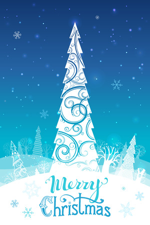 Merry Christmas background. Hand-written text, ornate Christmas tree, snowflakes, blue winter landscape. There are places for your text on white area and in the sky.のイラスト素材