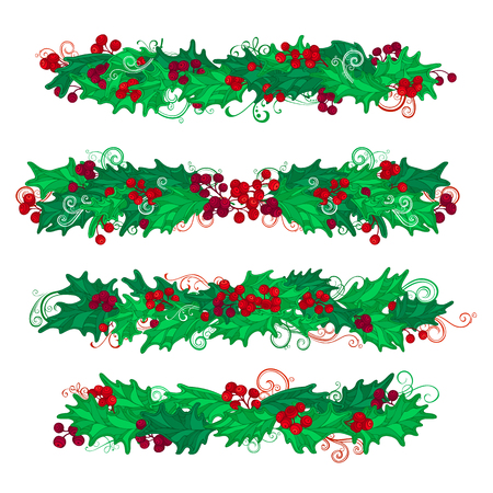 Vector set of holly berries design elements. Christmas page decorations and dividers isolated on white background.のイラスト素材