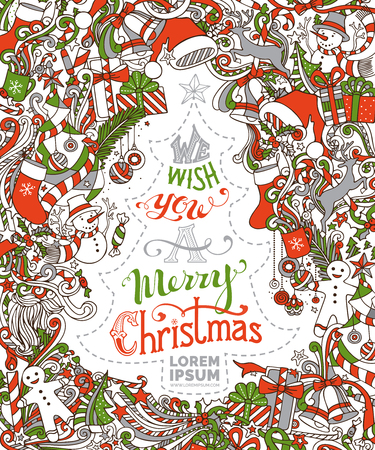 We Wish You a Merry Christmas! Christmas tree and baubles, snowman, gingerbread man, deer, bells and ribbons, Santa sock, hat and beard, holly berries, candy cane, hand-written text.のイラスト素材