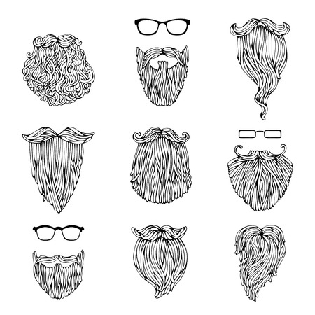 Vector set of hipster beards and eyeglasses. Fashion sketch illustration isolated on white background.のイラスト素材