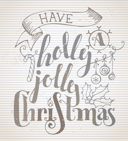 Have a Holly Jolly Christmas! Grunge Merry Christmas lettering on old striped vintage background. Candy cane, Christmas baubles, ribbon and holly berry.のイラスト素材