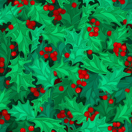 Christmas holly berries seamless pattern. Cartoon holly leaves and berries decoration. Boundless background can be used for web page backgrounds, wallpapers, wrapping papers, invitation and congratulations.のイラスト素材