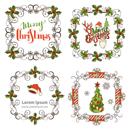 Set of Christmas ornate frames. Ornate Christmas page decorations. Christmas tree and baubles, gifts, Santa hats, holly berries and snowflakes, hand-written lettering. There is place for your text.のイラスト素材