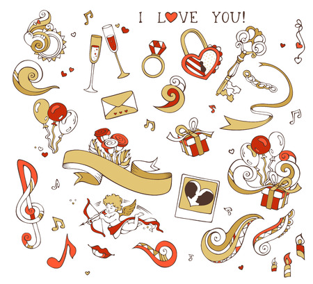 Set of love doodles icons isolated on white background. Gold and red. Cupid, balloons, music notes, clouds, rainbow, key and lock, chain, kiss, ribbon, ring, glass of wine, roses, candles, swirls.のイラスト素材