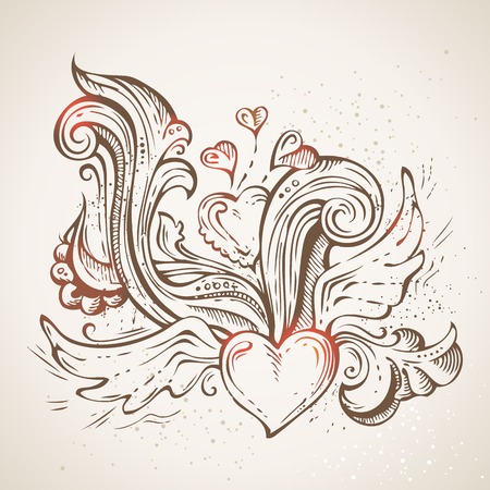 Hand-drawn sketch heart illustration. Ornate pencil flourishes on old paper background. Valentine's or wedding template.のイラスト素材