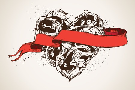 Hand-drawn vintage heart and red ribbon. Vector illustration. Valentine's or wedding illustration. There is place for your text on ribbon.のイラスト素材