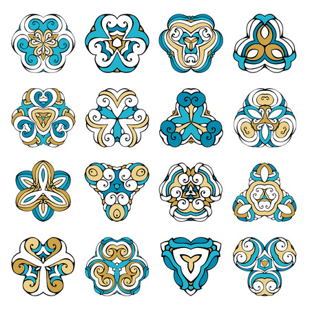 Vector set of triangular geometric ornaments. Design elements and page decorations. Blue and gold.  Isolated on white background.のイラスト素材