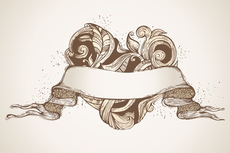 Ornate pencil flourishes on old paper background. Valentine's or wedding template. There is place for your text on ribbon.のイラスト素材