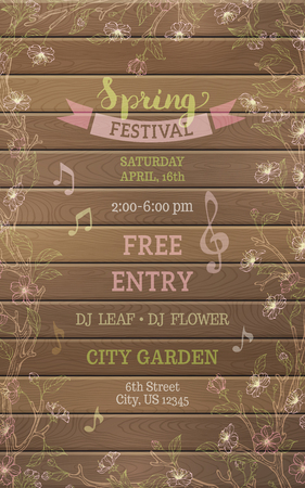 Flower contours on tree branches on dark wood background. There is place for your text. Spring festival template.のイラスト素材