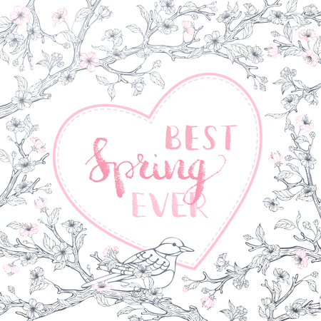 Best spring ever! Blossoms and bird contours on tree branches. Hand-written brush lettering. There is place for your text.のイラスト素材