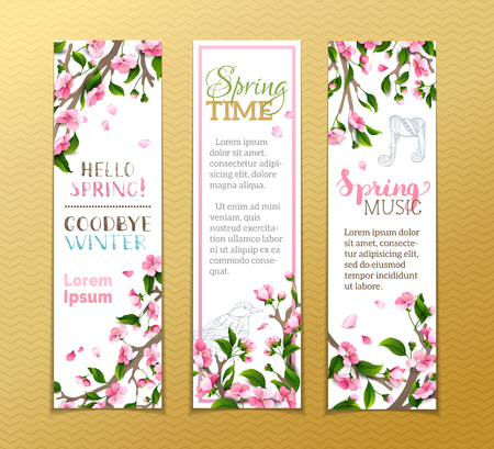 Vector set of vertical spring banners. Pink sakura flowers, leaves and bird contours on tree branches. Hello spring! Goodbye winter! Spring time. Spring music. There is place for your text.のイラスト素材