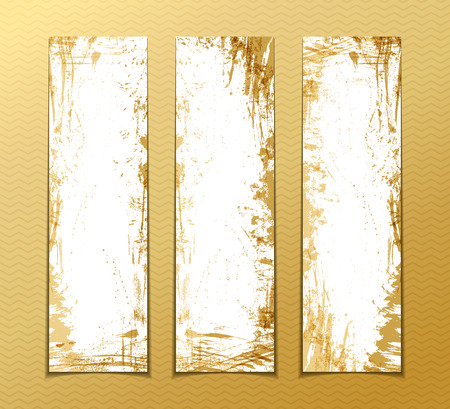 Abstract vertical banners set. Hand-drawn gold paint stains, flourishes and blots. There is place for your text on white area.のイラスト素材