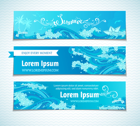 Vector set of sea/ocean horizontal banners. Bright decorative illustration. Hand-written lettering. There is place for text on blue background. Paper ship, seagulls and waves.のイラスト素材