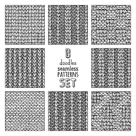 Vector set of seamless doodles knitting patterns. Stockinette stitch. Basic knitting stitch. Garter stitch. Plain stitch. Basket weave Stitch. Box Stitch. Ribbing Stitch. Double Ribbing Stitch.のイラスト素材