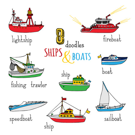 Vector set of doodles ships and boats. Various hand-drawn nautical vessels isolated on white background. Lightship, fireboat, fishing trawler, speedboat, sailboat and motorboat.のイラスト素材