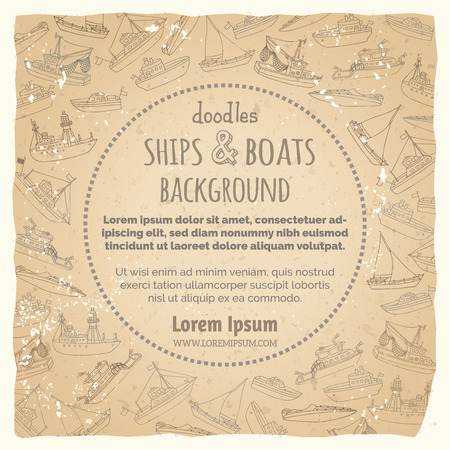 Lightship, fireboat, fishing trawler, speedboat, sailboat and motorboat. Sketched nautical ships and boats on vintage paper background.のイラスト素材