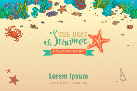The best summer template. Fish, starfish, crab, shell, jellyfish, seaweed, bottle with a letter and key on the bottom. There is place for your text.のイラスト素材