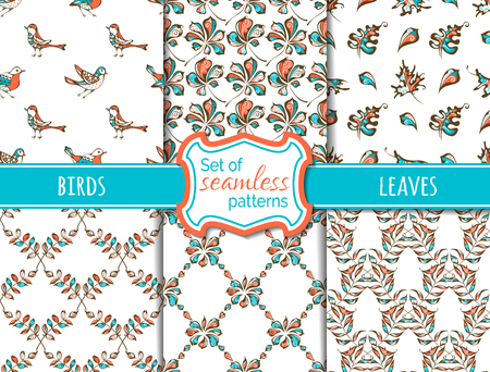 Vector set of seamless nature patterns. Hand-drawn bright birds and leaves on white background. Maple, rowan, chestnut leaves. Red, blue and white boundless backgrounds.のイラスト素材