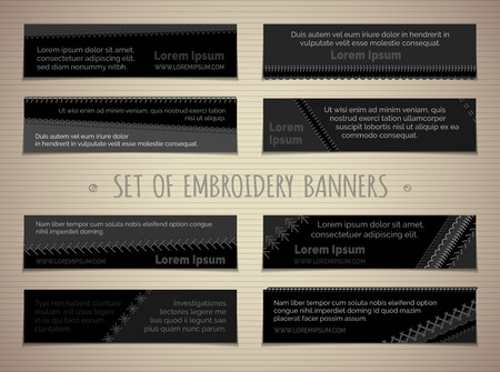 Set of horizontal textile banners. Vector high detailed embroidery stitches on dark background. There is place for your text.のイラスト素材