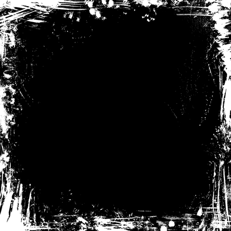 Vector grunge chalk frame on blackboard background. Square frame of hand-drawn chalk white stains, flourishes and blots on blackboard background. There is place for your text on black background.のイラスト素材