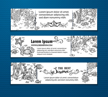 Vector Doodles Sea Life Horizontal Banners Contours Of Fish