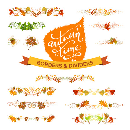 Vector set of autumn leaves design elements. Nature borders, page decorations and dividers isolated on white background. Hand-written lettering. Oak, rowan, maple, chestnut and aspen leaves.のイラスト素材