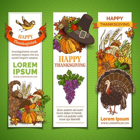 Vector set of Thanksgiving vertical banners. Pilgrim's hat, turkey, cornucopia, pumpkin, corn, wheat, sunflower, walnut, grape, apple, pear, cranberry, mushroom, bird, acorn, autumn leaves and others.のイラスト素材