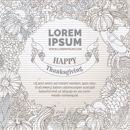 Vector vintage Thanksgiving background. Traditional hand-drawn outlined harvest symbols and food. Turkey, cornucopia, pilgrim's hat, pumpkin, corn, wheat, grape, sunflower, autumn leaves and others.のイラスト素材