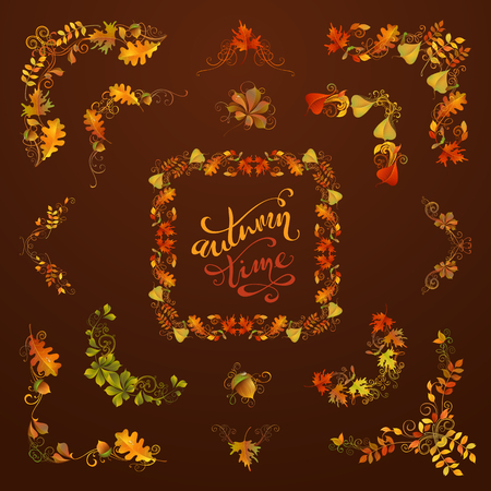Vector set of autumn leaves design elements. Flourishes, swirls, corners, frames, page decorations and dividers on dark brown background. Oak, rowan, maple, chestnut, elm leaves and acorn.のイラスト素材