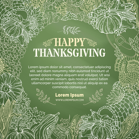 Vector chalk Thanksgiving background. Traditional harvest symbols and food on green chalkboard background. Turkey, cornucopia, pilgrim's hat, pumpkin, corn, wheat, sunflower, autumn leaves and others.のイラスト素材