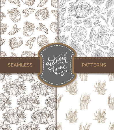 Vector set of seamless sketch autumn patterns. Pumpkin, wheat, corn, grape, jam, cranberry, autumn leaf, nut, mushroom, sunflower, apple, pear. Boundless hand-drawn sepia harvest backgrounds.のイラスト素材