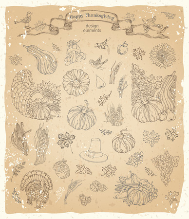 Vector set of vintage Thanksgiving design elements. Traditional harvest symbols on old paper background. Turkey, horn of plenty, pilgrim's hat, pumpkin, corn, wheat, sunflower, autumn leaves and othersのイラスト素材