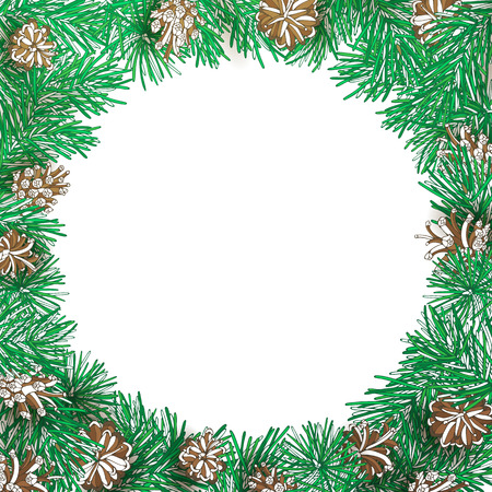 Pine branch and cone round frame. Vector high detailed Christmas decoration. Nature illustration.のイラスト素材