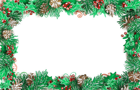 Christmas horizontal frame of pine branches with cones and holly berries. Vector festive illustration. There is copy space for your text on white background.のイラスト素材