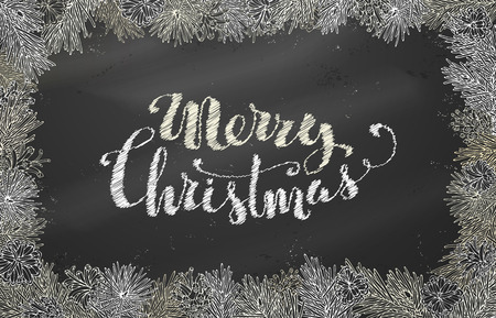 Chalk Christmas horizontal frame of branches with pine cones. Vector festive blackboard background. Merry Christmas lettering.のイラスト素材