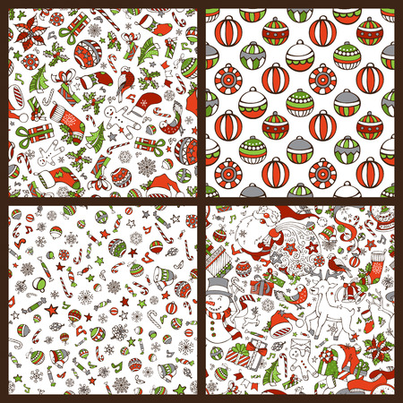 Vector set of doodles Merry Christmas seamless patterns. Christmas tree baubles, Santa with sack, snowman, Santa socks, gingerbread man, deer and bird, holly berries and poinsettia, gifts, snowflakes.のイラスト素材