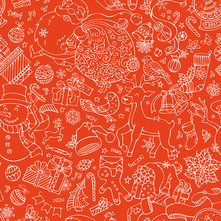 Vector Merry Christmas seamless pattern. Christmas tree baubles, Santa with sack, snowman, Santa socks, gingerbread man, deer and bird, holly berries and poinsettia, gifts and snowflakes.のイラスト素材