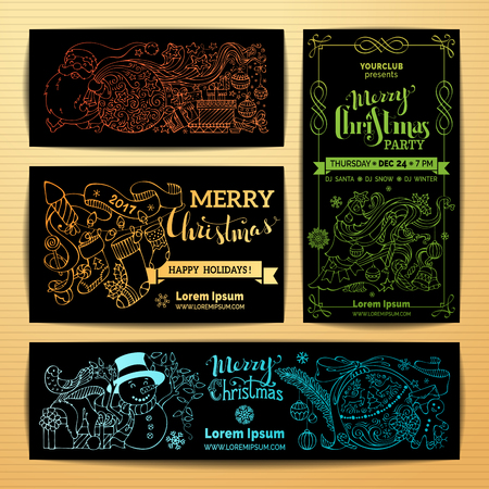 Vector set of Merry Christmas banners. Christmas decorations, Christmas tree and baubles, Santa with sack, Santa socks, gifts, snowman with garland, hand-written lettering on black background.のイラスト素材