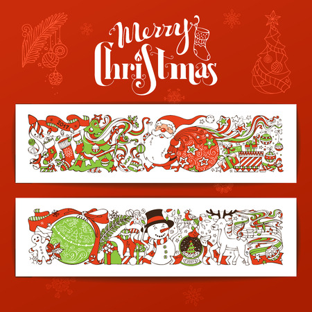 Vector set of Merry Christmas banners. Christmas decorations, Christmas tree and Christmas balls, Santa with sack, gifts, snowman, gingerbread man, deer, Santa socks, hand-written lettering.のイラスト素材