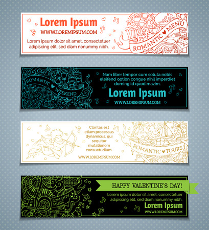 Vector set of horizontal love doodles banners. Valentine's day banners on black and white backgrounds. Romantic music, weekend, menu, tours. There is place for your text.のイラスト素材