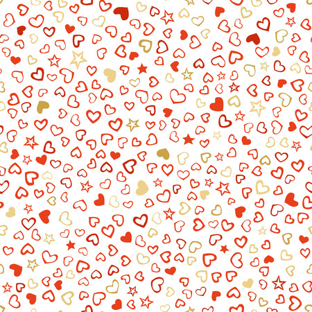 Vector seamless Valentine's pattern. Doodles various hearts and stars on white background. Love outlined symbols and silhouettes.のイラスト素材