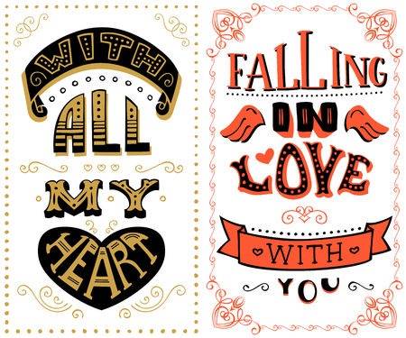 With all my heart. Falling in love with you. Romantic quote on white background. Vintage duotone hand-lettering. Can be used as a poster for Valentine's day and wedding or print on t-shirts and bags.のイラスト素材
