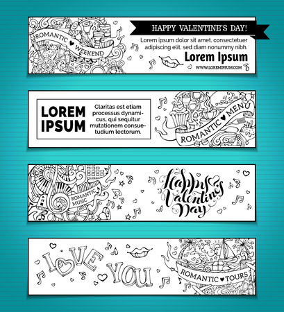 Vector set of horizontal love doodles banners. Valentine's day and wedding banners. Romantic music, weekend, menu, tours. There is place for your text on white background.のイラスト素材