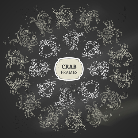Two round vector chalk crab frames. Hand-drawn chalk doodles crabs on blackboard background.のイラスト素材