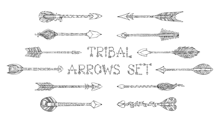 Vector set of tribal arrows isolated on white background. Hand-drawn monochrome ethnic design elements for invitations, cards and web. Tattoo design. Ink sketch.のイラスト素材