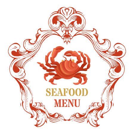 Vector seafood menu template. Red crab crab and vintage hand-drawn frame on white background.のイラスト素材